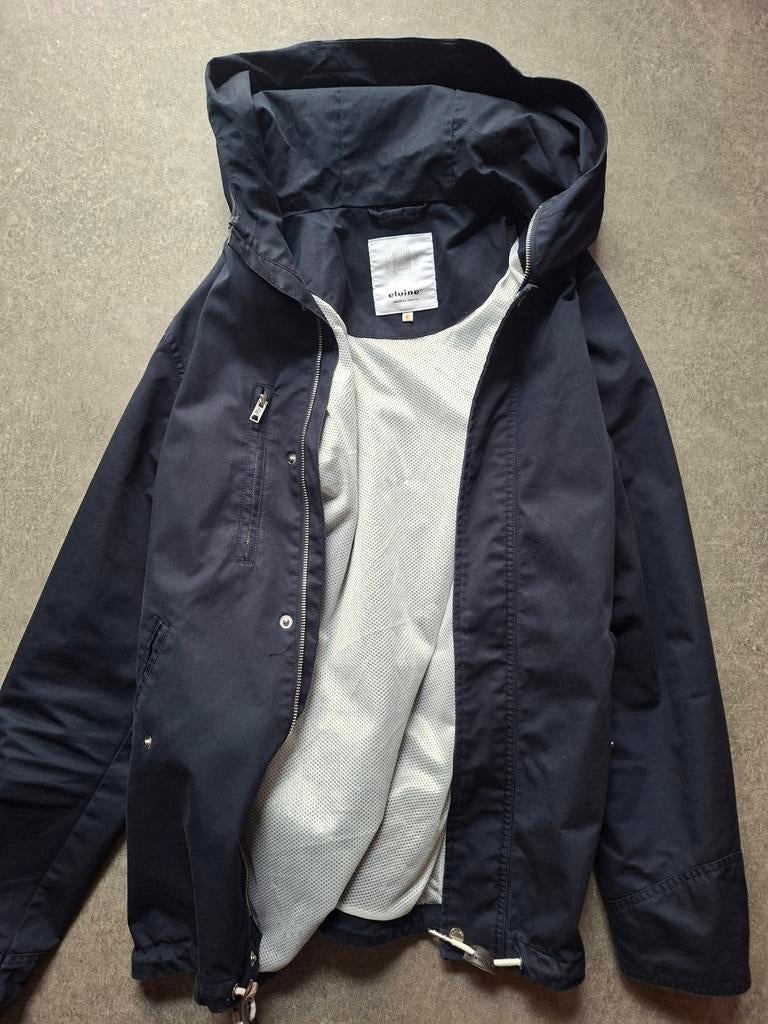 Elvine marineblauwe jas met capuchon, maat L, Kleding | Dames, Jassen | Zomer, Gedragen, Maat 42/44 (L), Blauw, Verzenden
