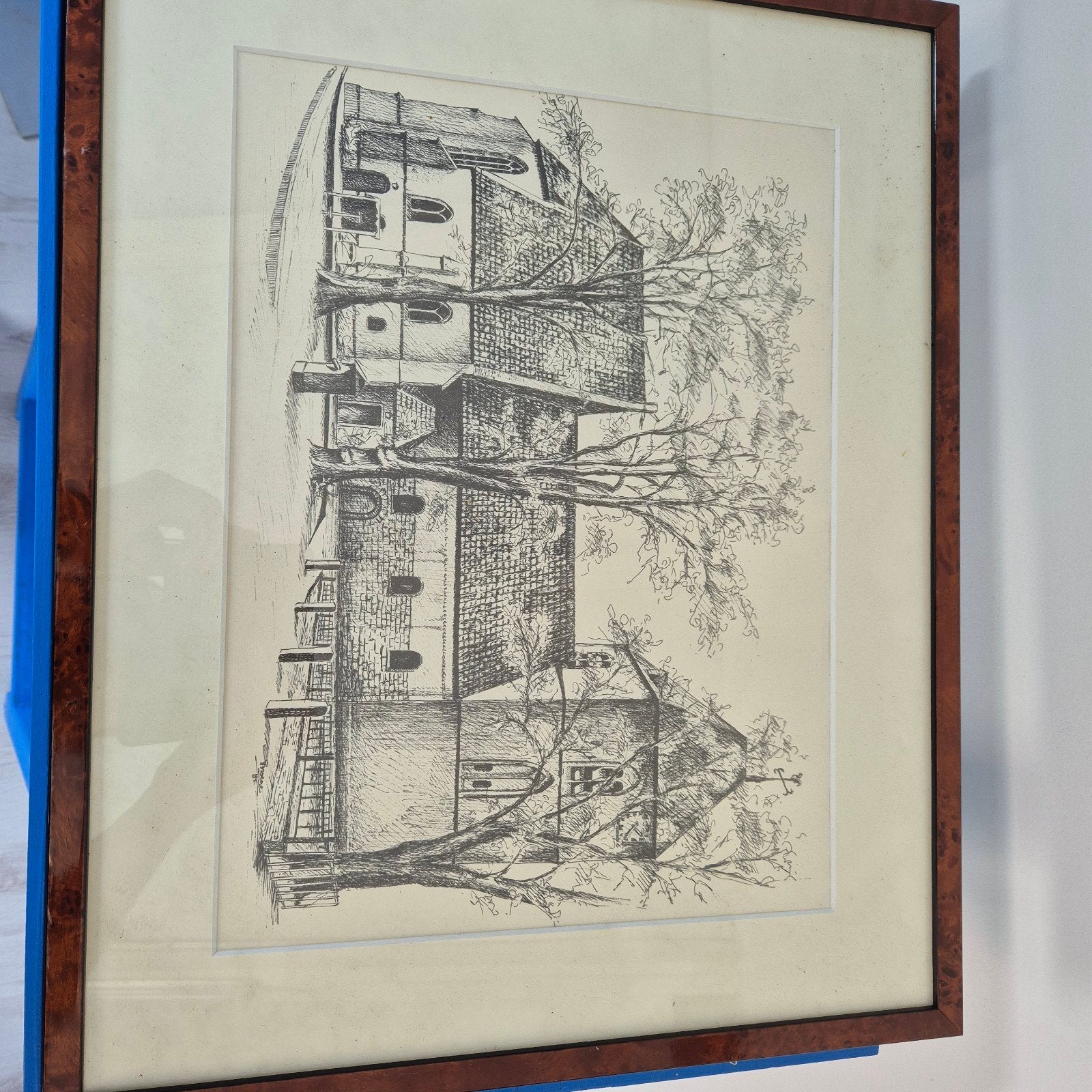 Ingelijste pentekening Kerk Hellendoorn, Ophalen of Verzenden, Tekening, Pentekening, Ingelijst