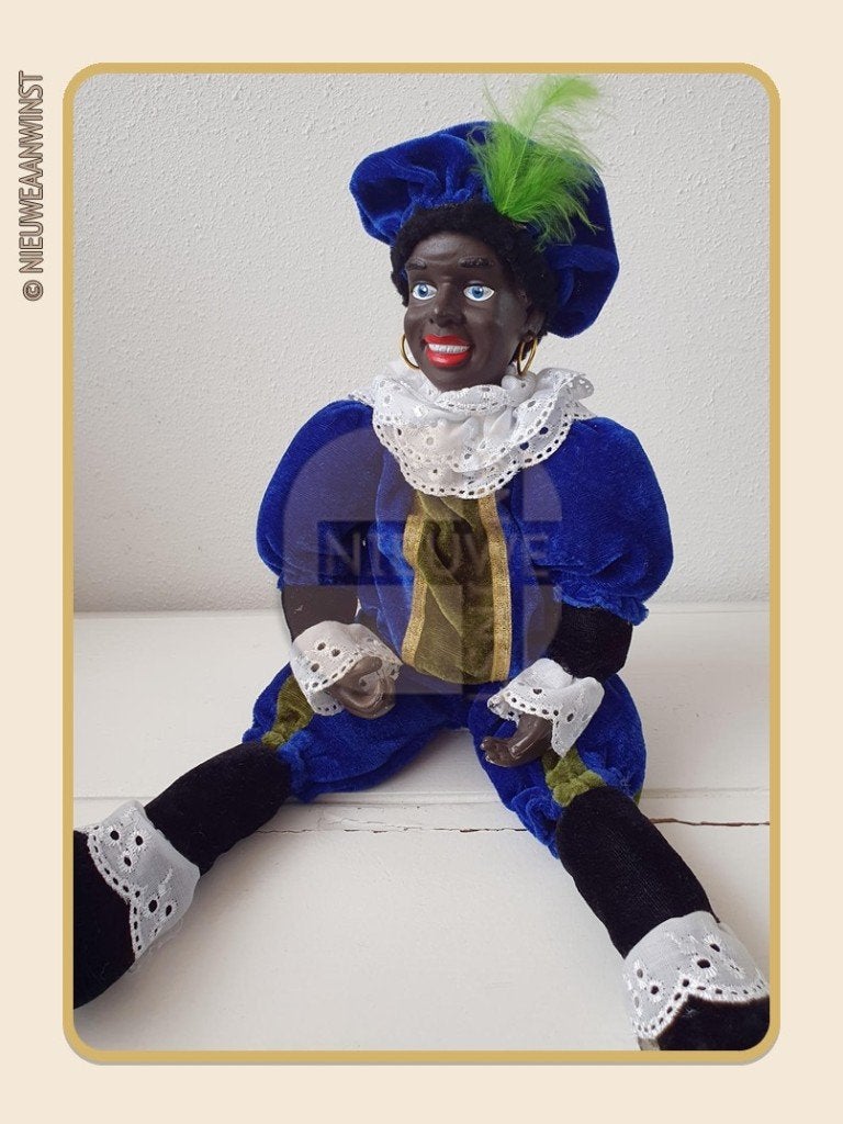 Nostalgische etalage Piet pop - blauw/groen - 45cm, Verzenden, Zo goed als nieuw