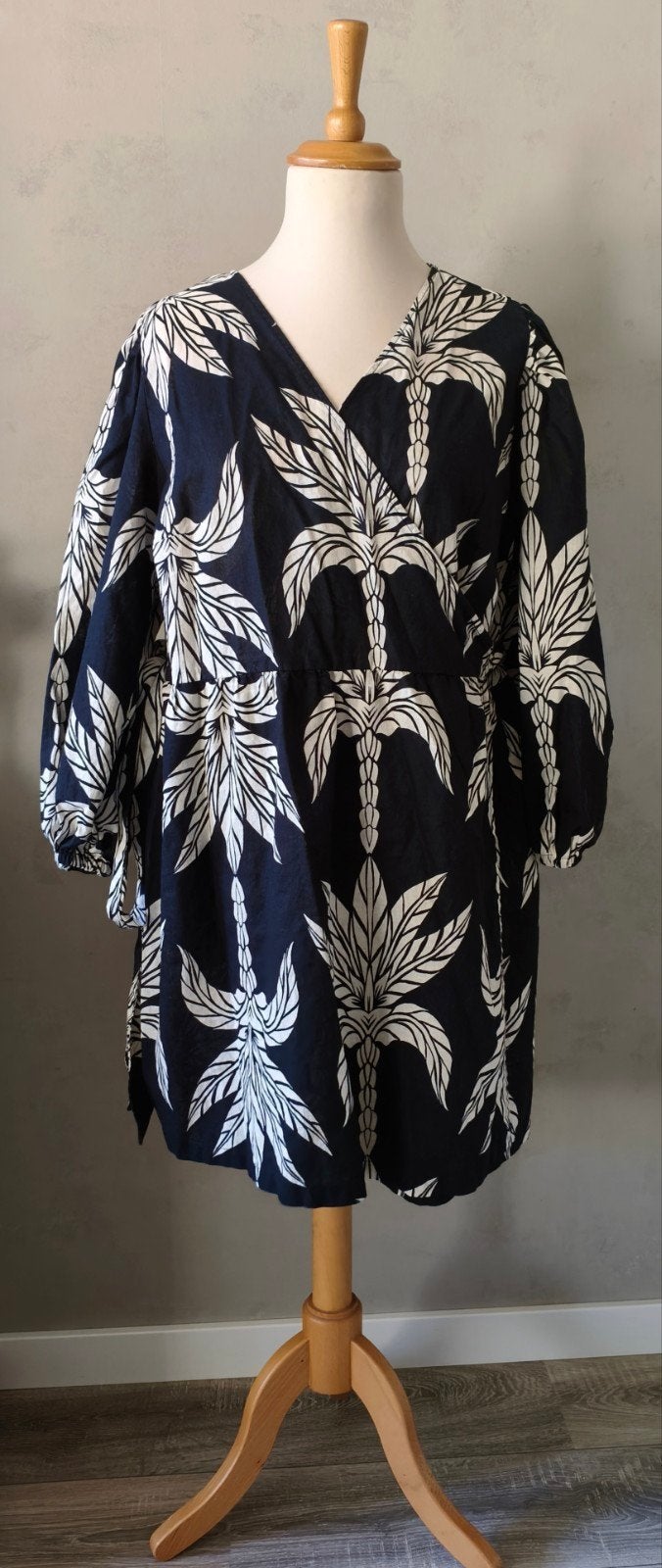 H&M linnen blend jurk met print maat XL-44, Ophalen of Verzenden, Zo goed als nieuw, Maat 46/48 (XL) of groter, Zwart