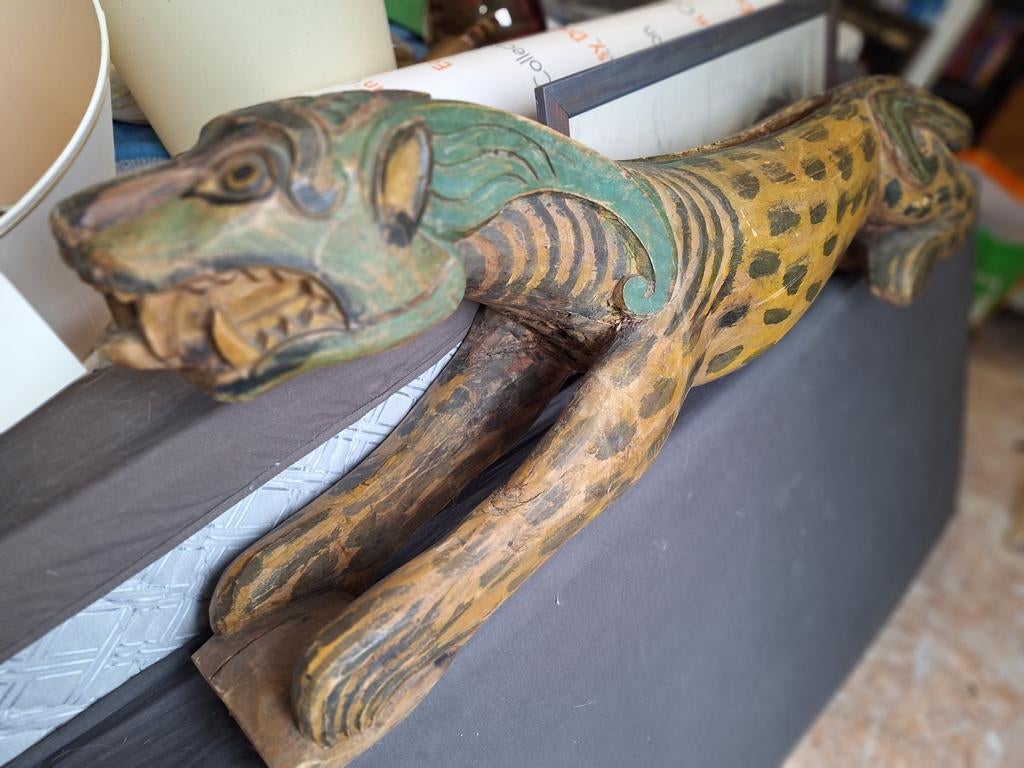 Uniek handgesneden houten luipaard beeld, Antiek en Kunst, Ophalen