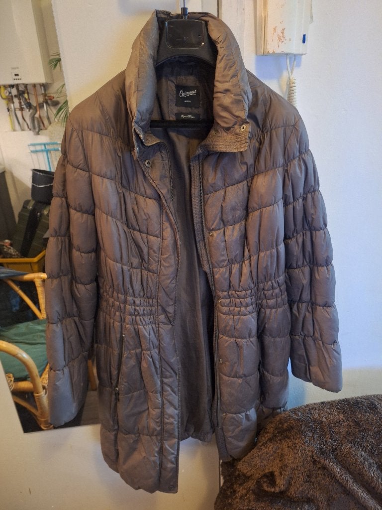 Waterafstotende lange gewatteerde grijze damesjas, maat L, Kleding | Dames, Ophalen of Verzenden, Zo goed als nieuw, Maat 42/44 (L)