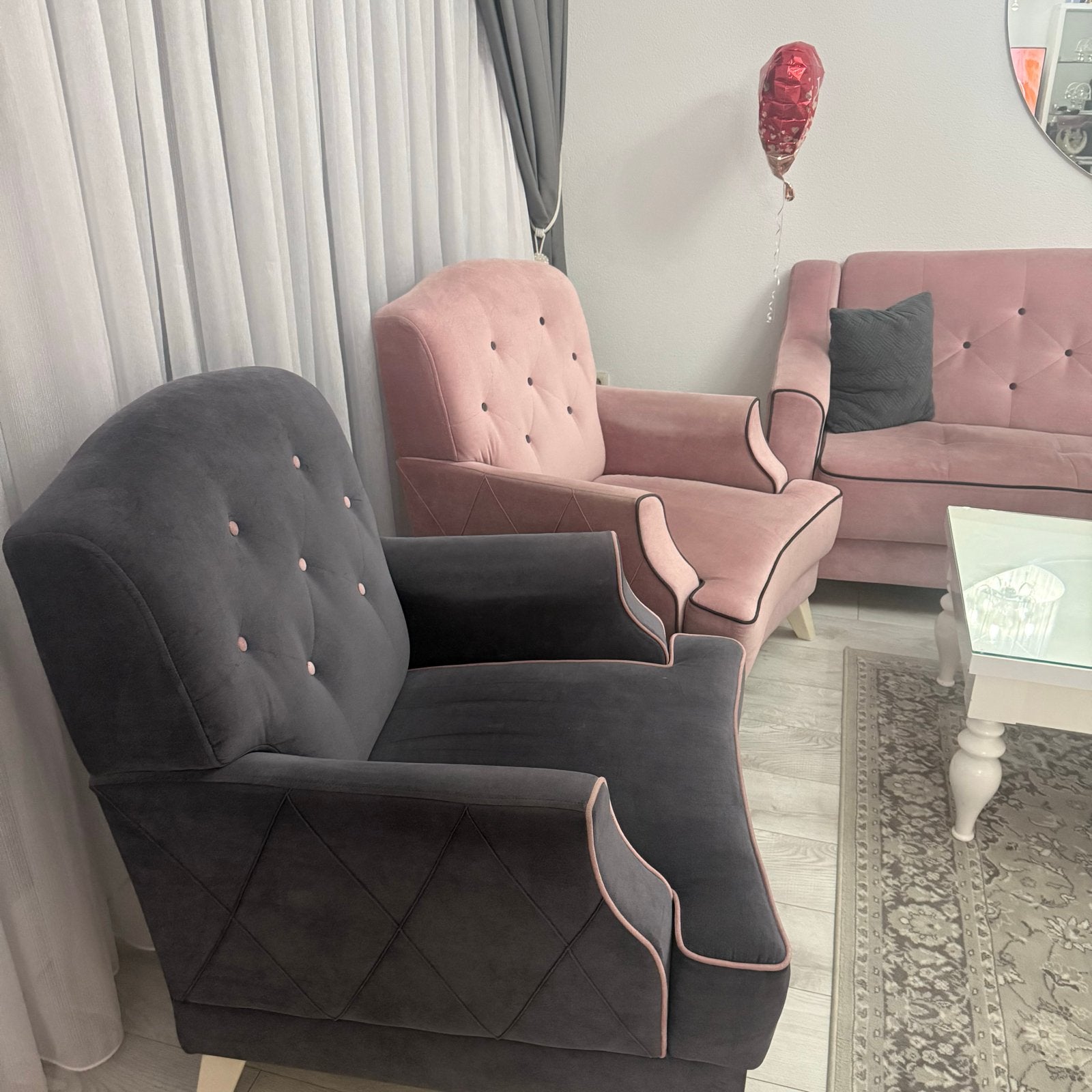 Complete 3+2+1 Bankstel - Roze & Antraciet, Huis en Inrichting, Ophalen, 75 tot 100 cm, Zo goed als nieuw, Rechte bank