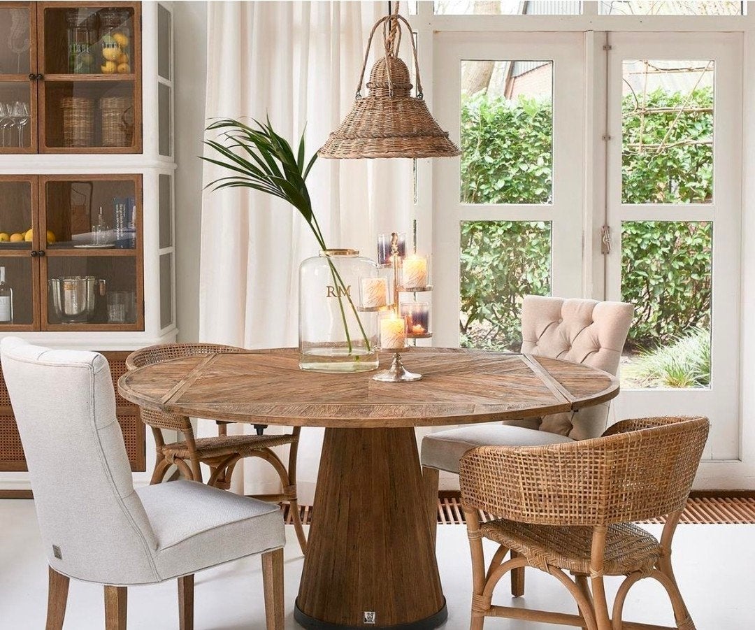 Nieuwe Houten Ronde Japandi Eettafel van Riviera Maison, Ophalen, Landelijk Japandi, 150 tot 200 cm, Rond