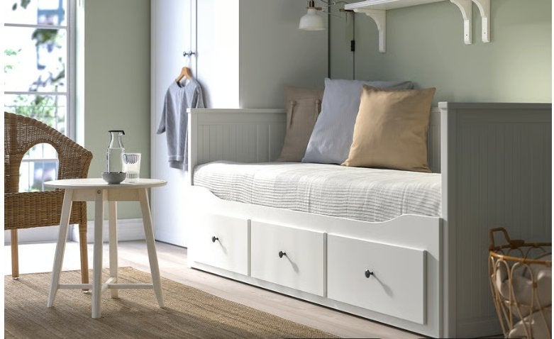 HEMNES Bedbank 1- en 2-persoons met 3 lades, Ophalen, Wit, Tweepersoons, Zo goed als nieuw