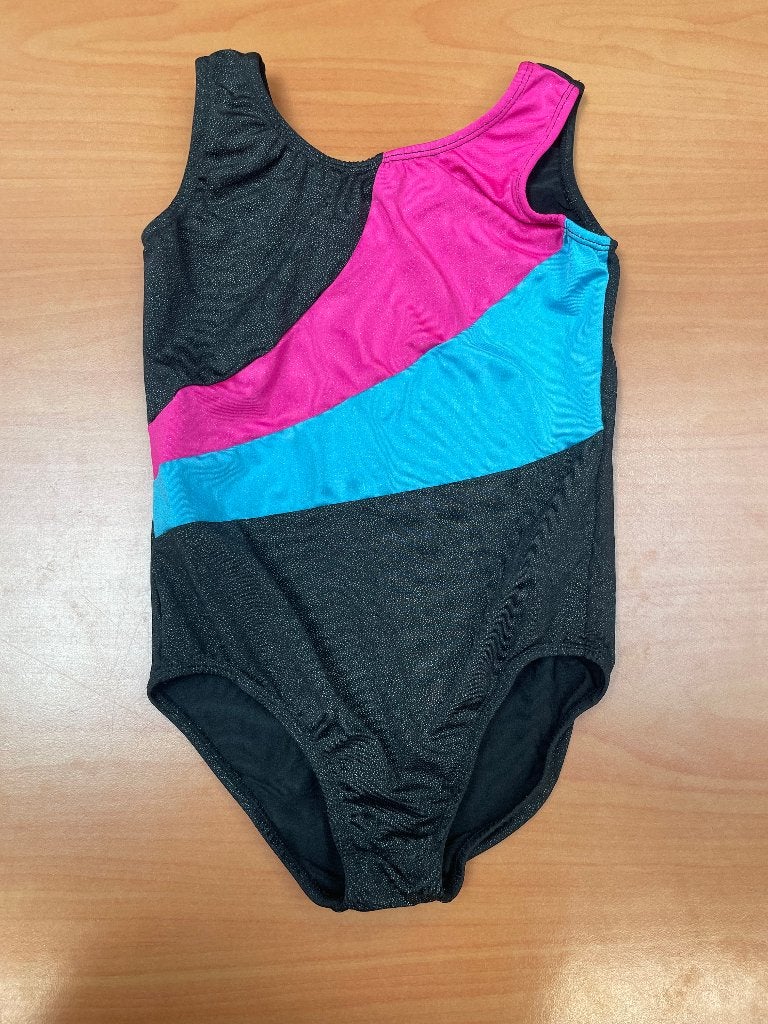 Turnpakje zwart met roze en turquoise - 40 x 27 cm, Gebruikt, Meerkleurig, Turnpak(je), Kindermaat 122 t/m 140
