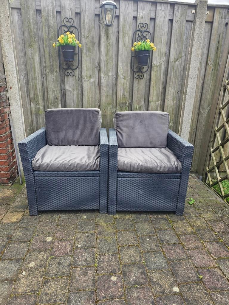 Wicker tuinstoelen met kussens merk Allibert - 2 stuks, Tuin en Terras, Gebruikt, Wicker, Stoel, Tuinset