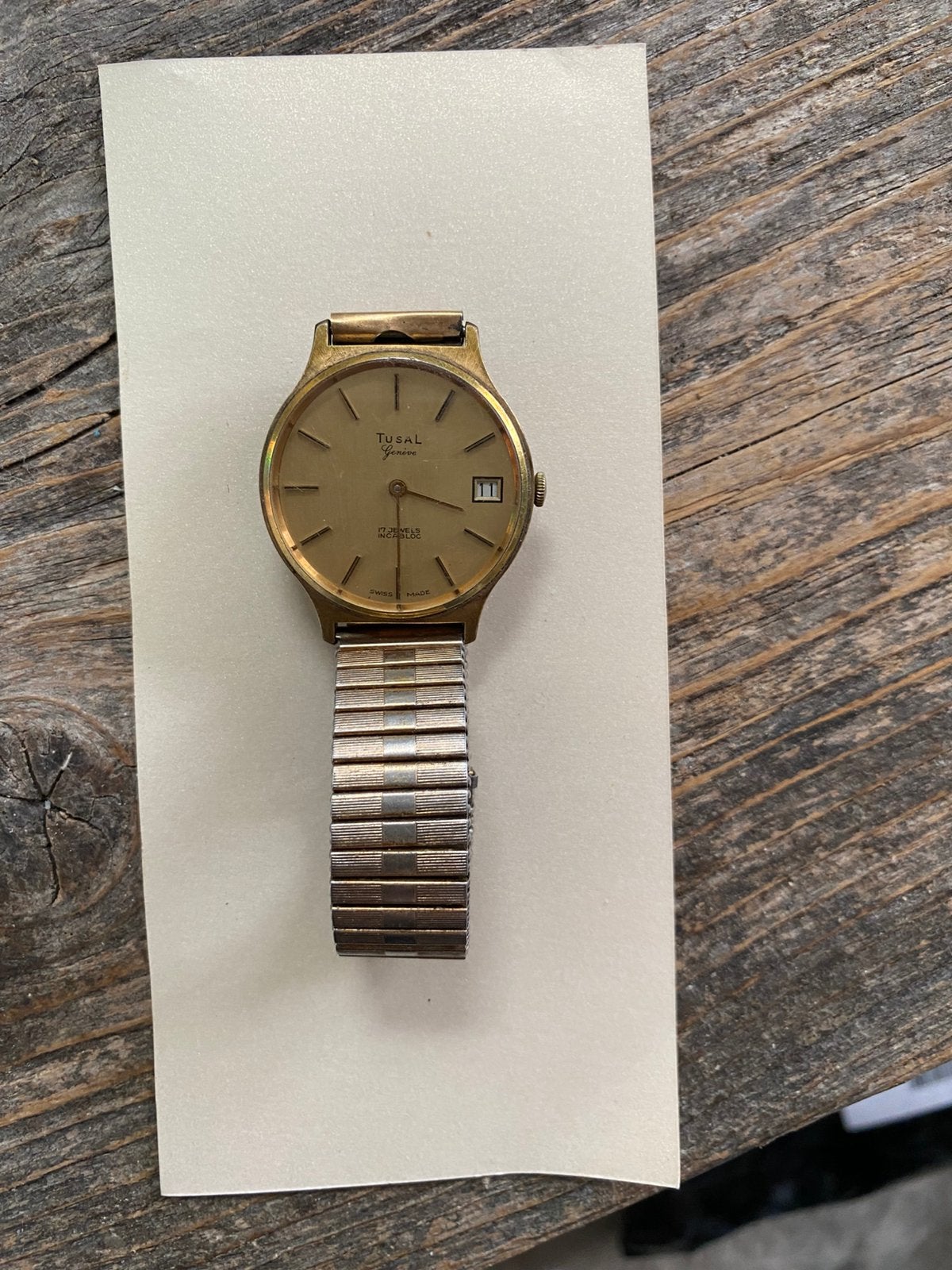Tusal geneva  heren horloge vintage, Ophalen of Verzenden, Leer, Overige merken