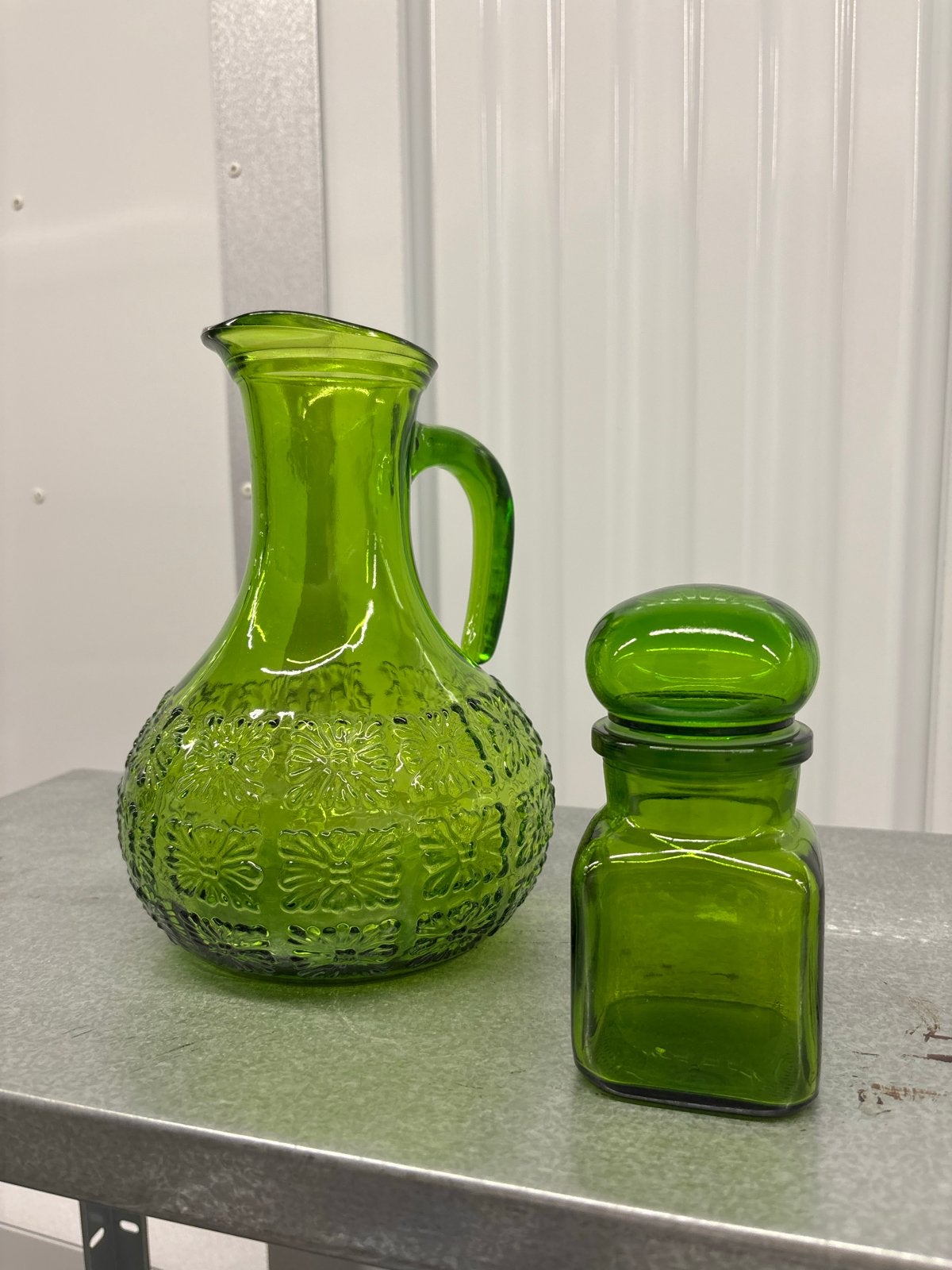 Vintage Groene Glazen Karaf en Potje Set, Ophalen