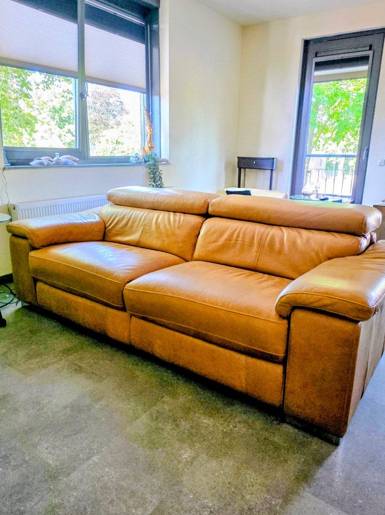 Een 2,5 zits luxe leren relaxbank, Ophalen, Gebruikt, 100 tot 125 cm, Tweepersoons