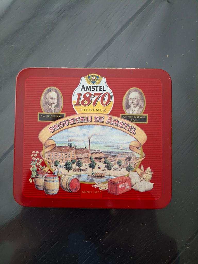 Amstel 1870 blikje met 8 onderzetters, Ophalen of Verzenden, Zo goed als nieuw, Amstel