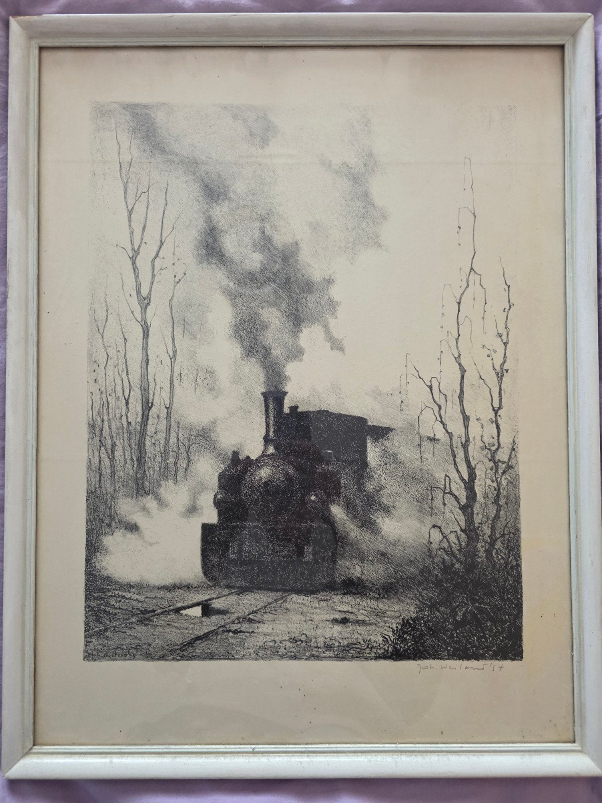 Joh. Weiland '54 - Stoomtrein in landschap - Lithografie, Antiek en Kunst, 1950 - 1999, Landschap, Lithografie, Ingelijst