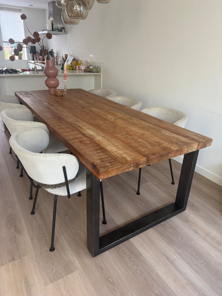 Eettafel industrieel mangohout 2,40 x 1, Huis en Inrichting, Ophalen, 200 cm of meer, 50 tot 100 cm, Zo goed als nieuw
