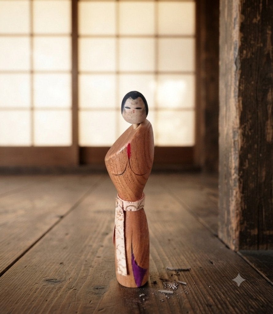Vintage kokeshi van Chiyomatsu Kano (Chiaki), Hout, Handgemaakt, Verzenden, 15 cm