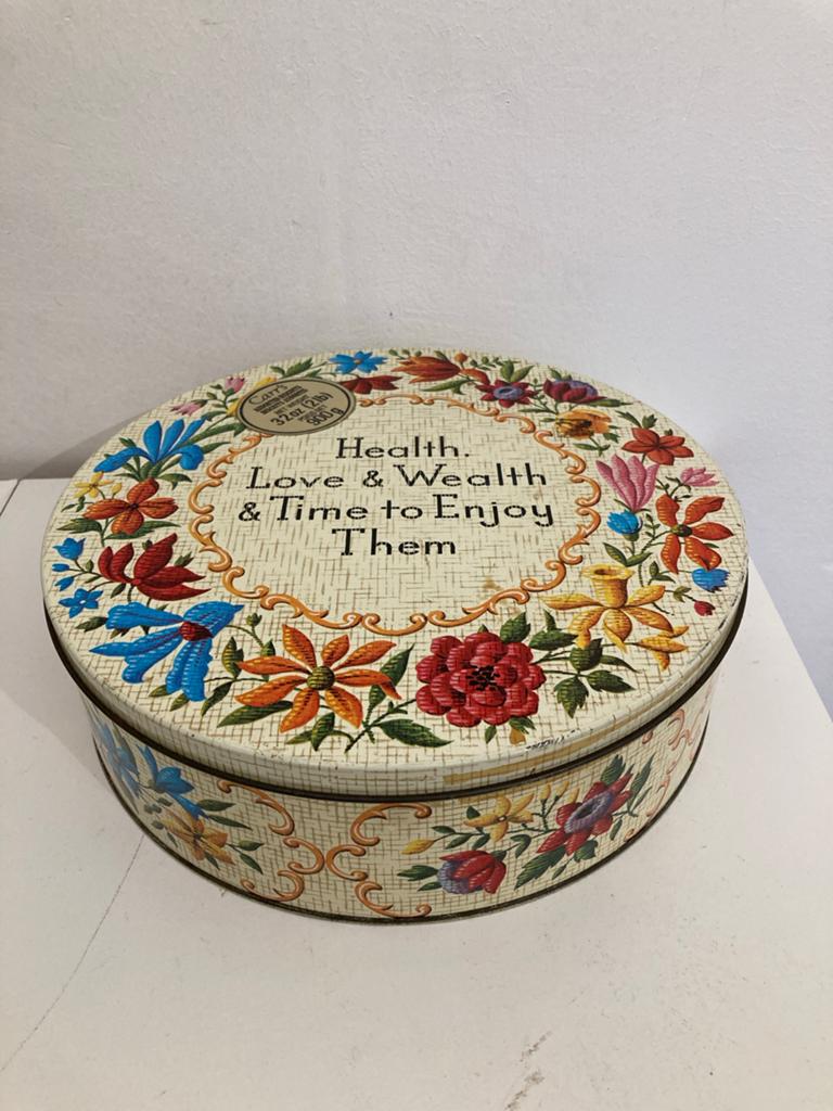 Vintage blikken trommel met bloemmotief en spreuk, Verzamelen, Blikken, Ophalen of Verzenden, Gebruikt
