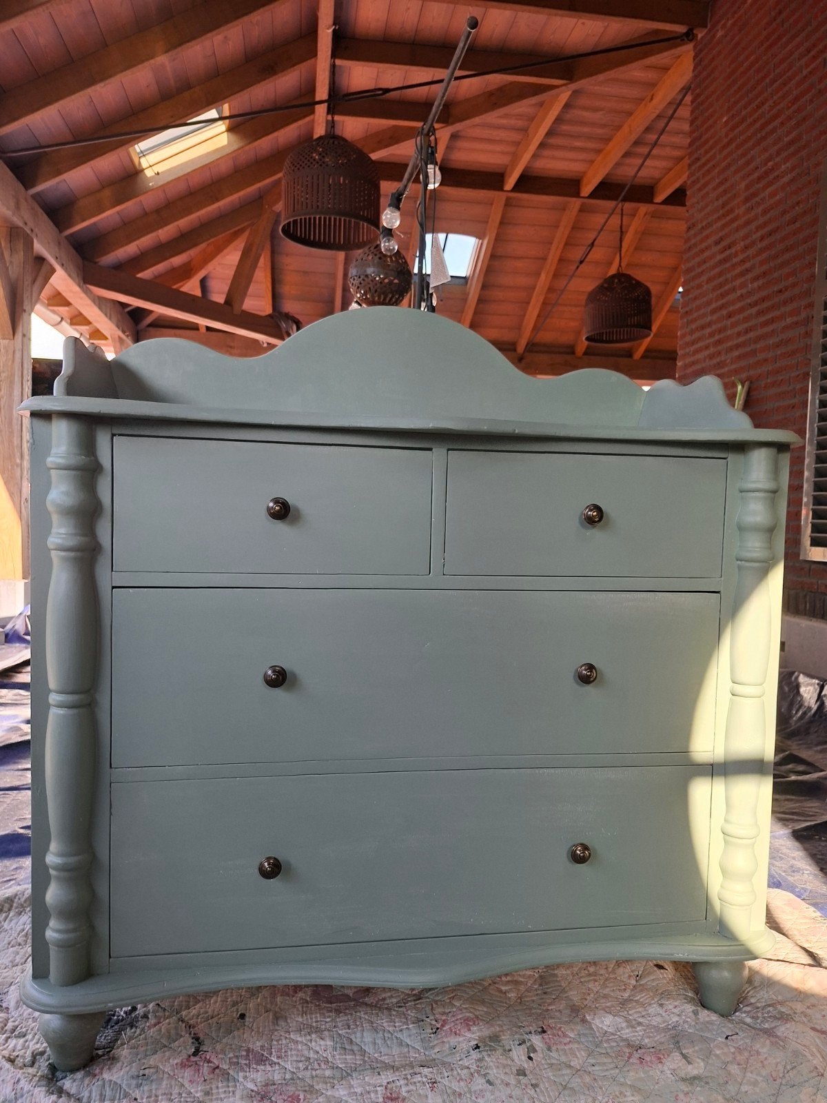 Vintage Ladekast Saliegroen - Landelijk & Brocante Stijl, Antiek en Kunst, Antiek | Meubels | Kasten, Ophalen of Verzenden