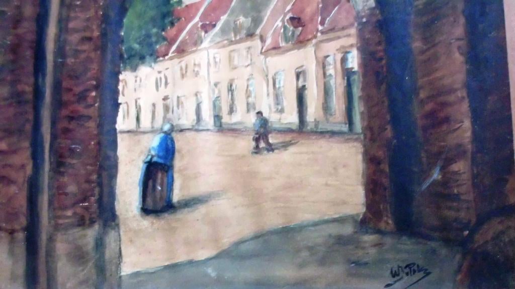 Aquarel, Stads poort met mensen ., Antiek en Kunst, Kunst | Schilderijen | Klassiek, Ophalen of Verzenden