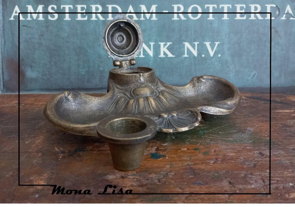 Bronzen inktpot met originele inktpot – 18 cm, Ophalen of Verzenden