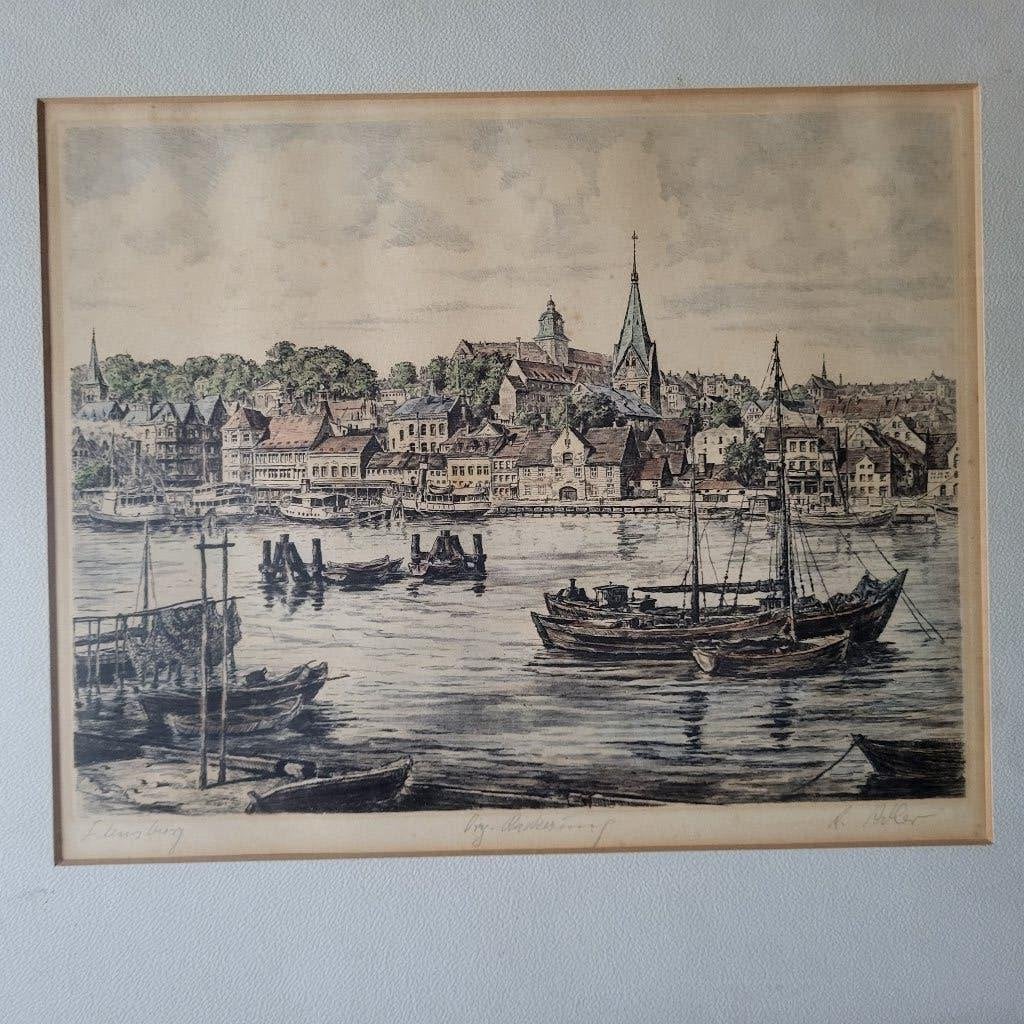 ets Haven Flensburg 1925 Richard Adler lijst 46 x 41 cm, Maritiem / water, Gesigneerd, Doek, Ophalen of Verzenden