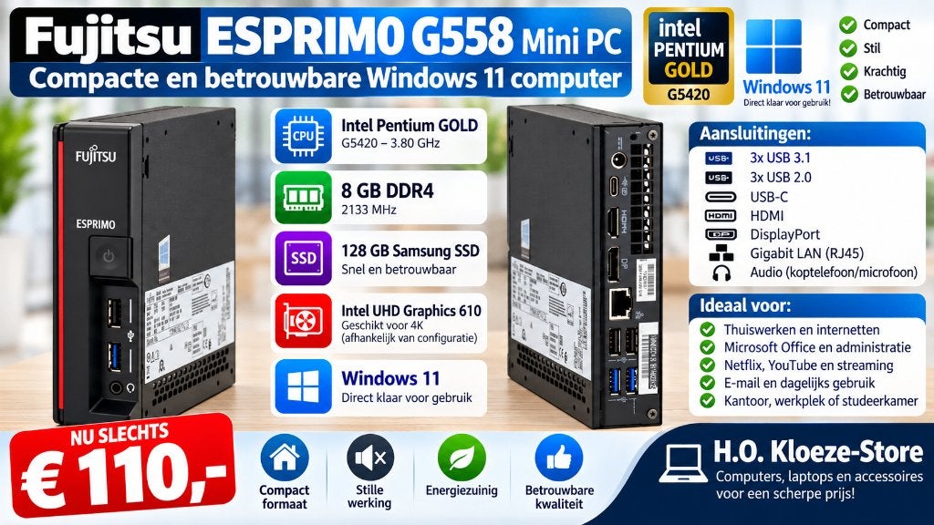 Fujitsu ESPRIMO G558 Mini PC–Intel PentiumGOLD–Windows–SSD, Intel Pentium Gold, 8 GB, Refurbished, Ophalen of Verzenden