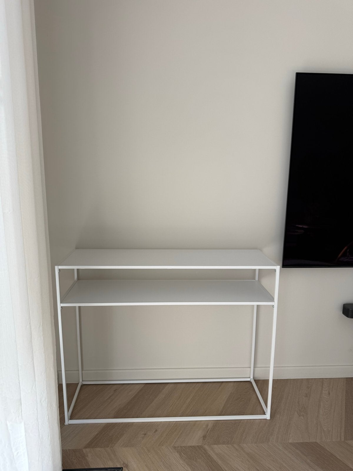 Wit wandtafel / consoletafel met 2 planken, Ophalen, 50 tot 100 cm, Zo goed als nieuw, Metaal
