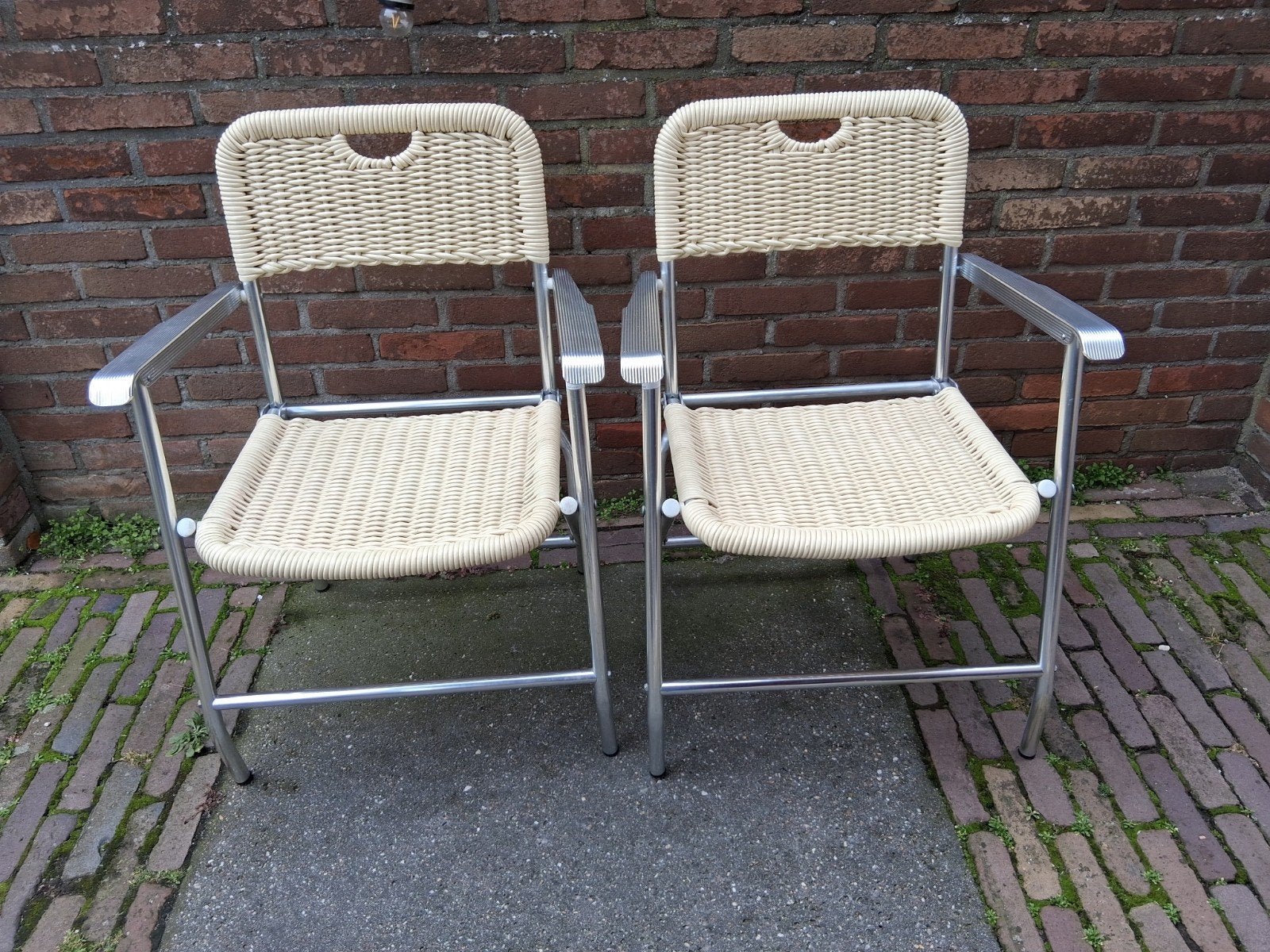Set 4 vintage hilbrant riet klapstoelen Tossa Italië, Ophalen, Zo goed als nieuw, Aluminium, Inklapbaar