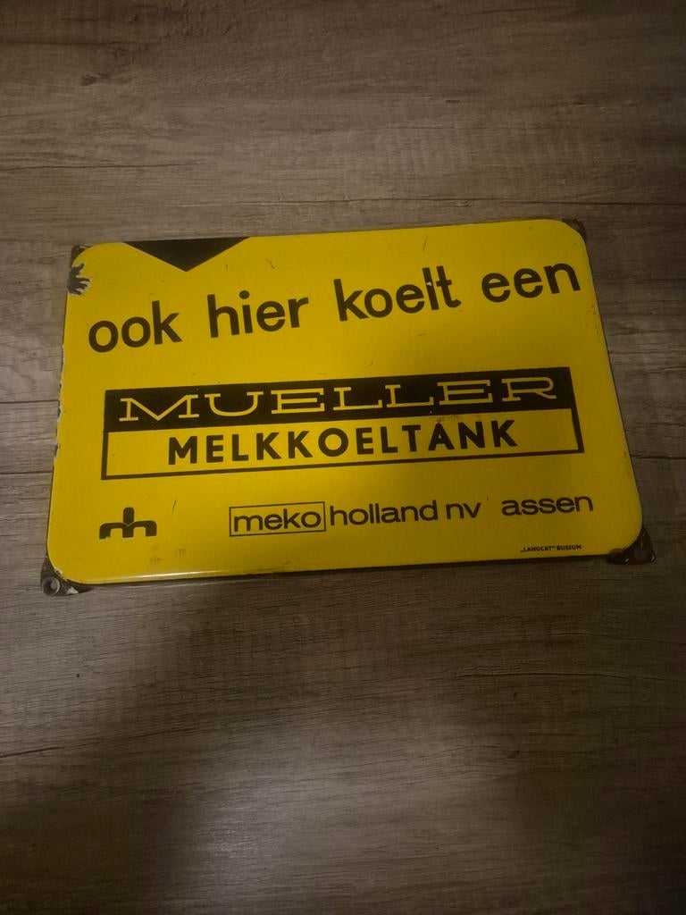 Vintage Mueller Melkkoeltank Reclamebord - Langcat Bussum, Ophalen of Verzenden