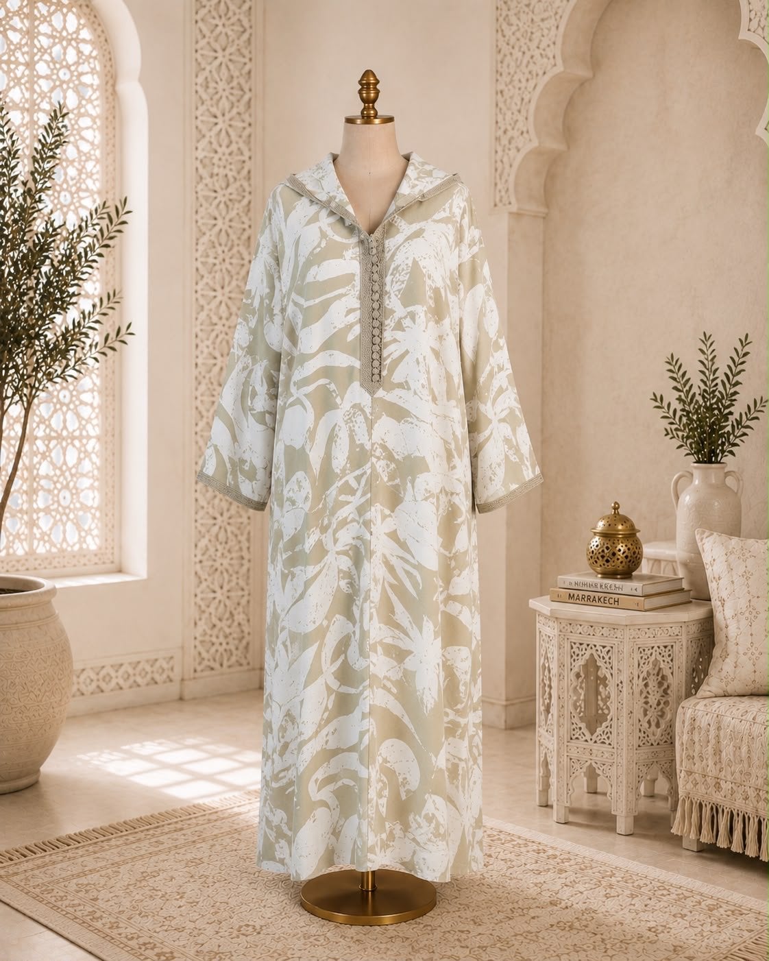 Elegante Djellaba met Capuchon - Khaki Groen Dessin, Ophalen, Maat 42/44 (L), Nieuw, Onder de knie