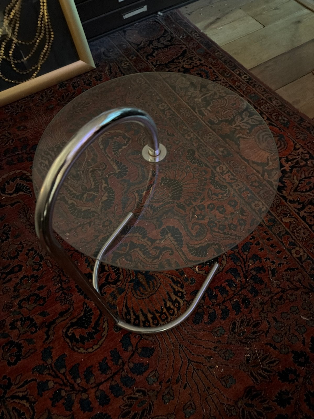 Vintage design bijzettafel in chroom en gehard glas, Ophalen, Minder dan 45 cm, Minder dan 55 cm, Gebruikt