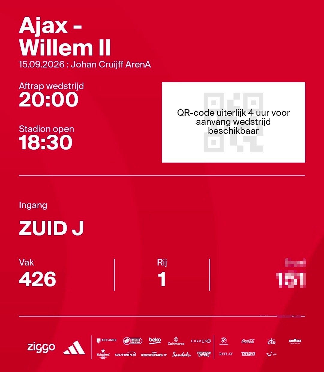 Te koop 1 kaartje Ajax vs Willem II Vak 426 rij 1 Zuid 2, Tickets en Kaartjes, Eén persoon, November