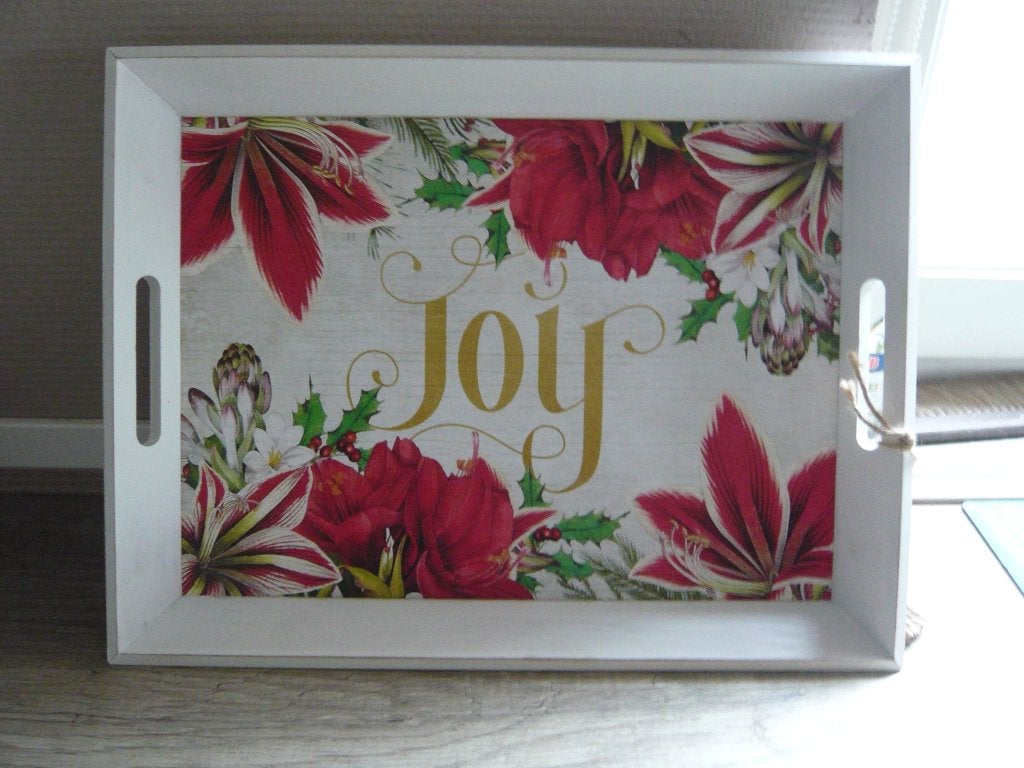 Kerst dienblad wit met rode bloemen en tekst Joy 35x45 cm, Ophalen of Verzenden, Nieuw