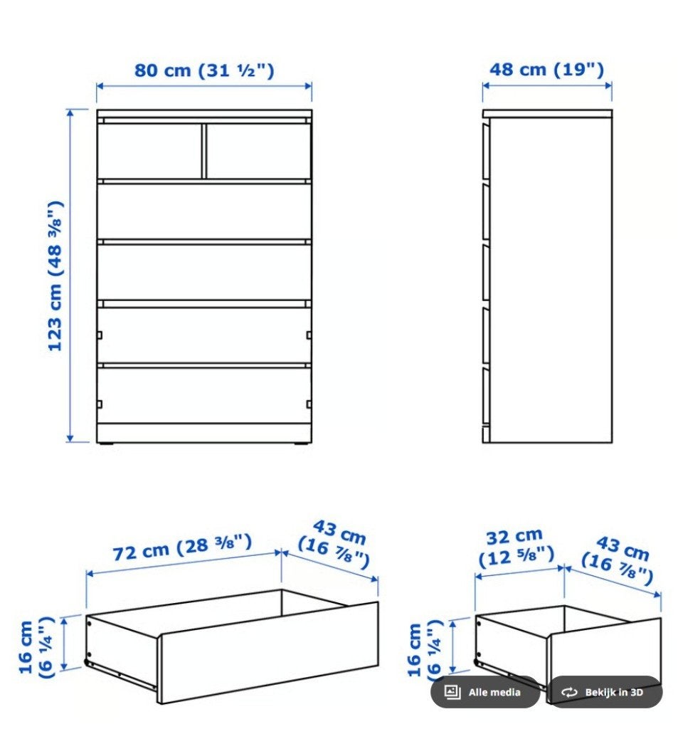 Ikea Malm ladekast, 6 lades, wit, 80x123cm, <NIEUW in doos>, Ophalen, 5 laden of meer, 100 tot 150 cm, Nieuw