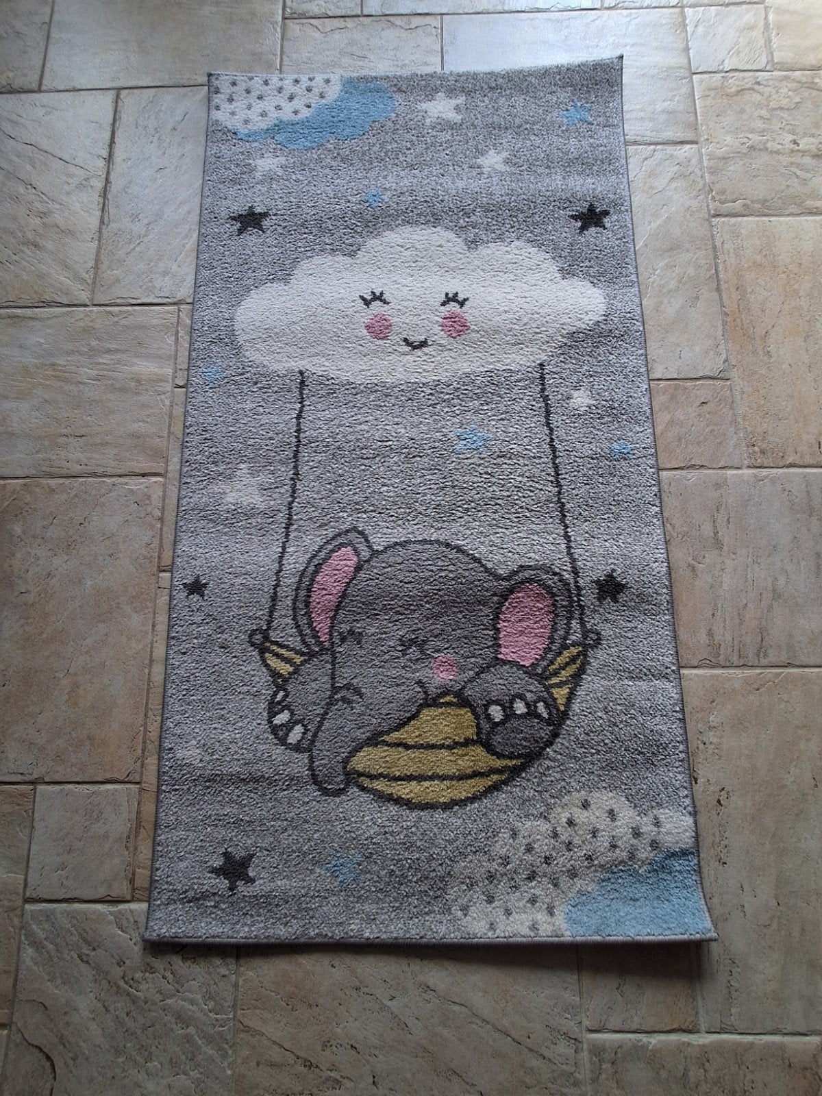 Paco Home Nino Vloerkleed Grijs met Olifant en Wolk, Ophalen, 100 tot 150 cm, Kinderkamer, Speels, Modern, 50 tot 100 cm