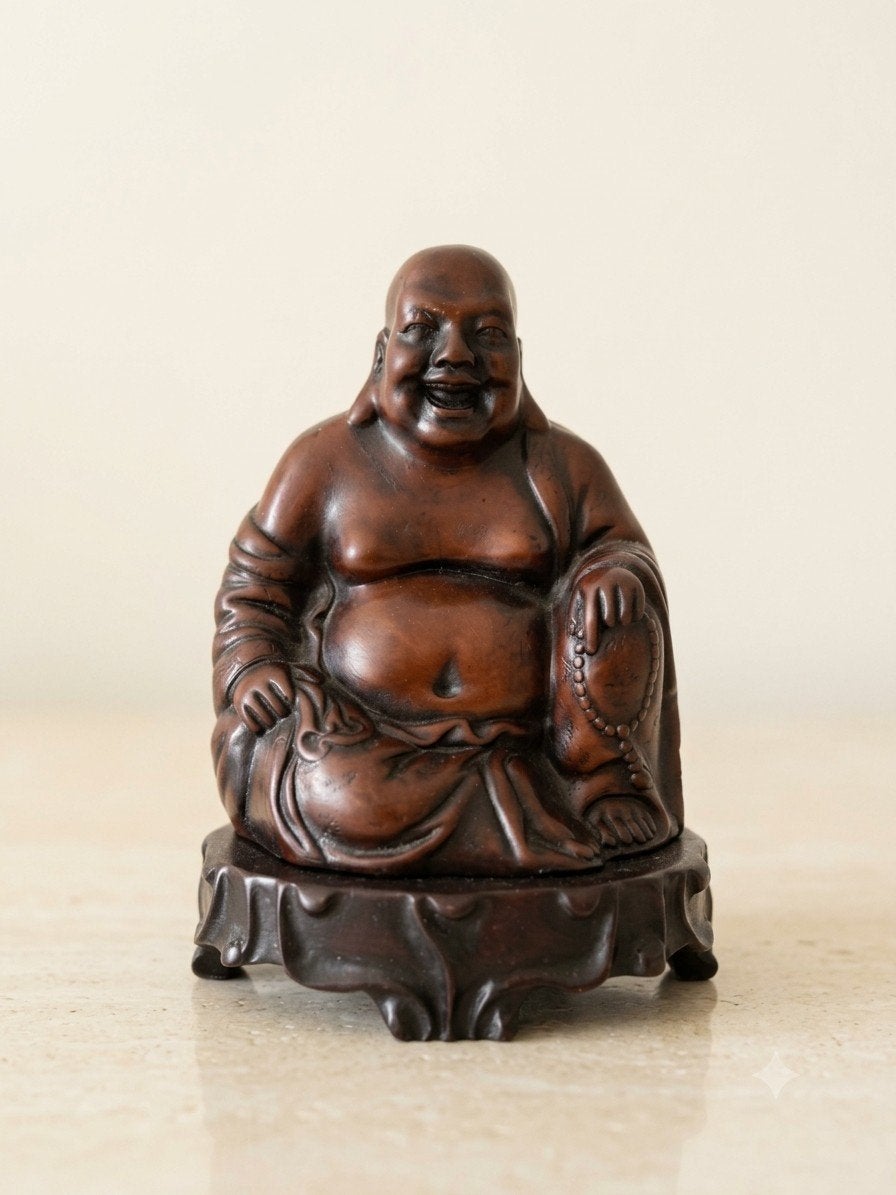 Handgesneden Lachende Boeddha (Budai) van massief hout, Antiek en Kunst, Gepatineerd, Ophalen of Verzenden, 20 - 50 cm, Beeld