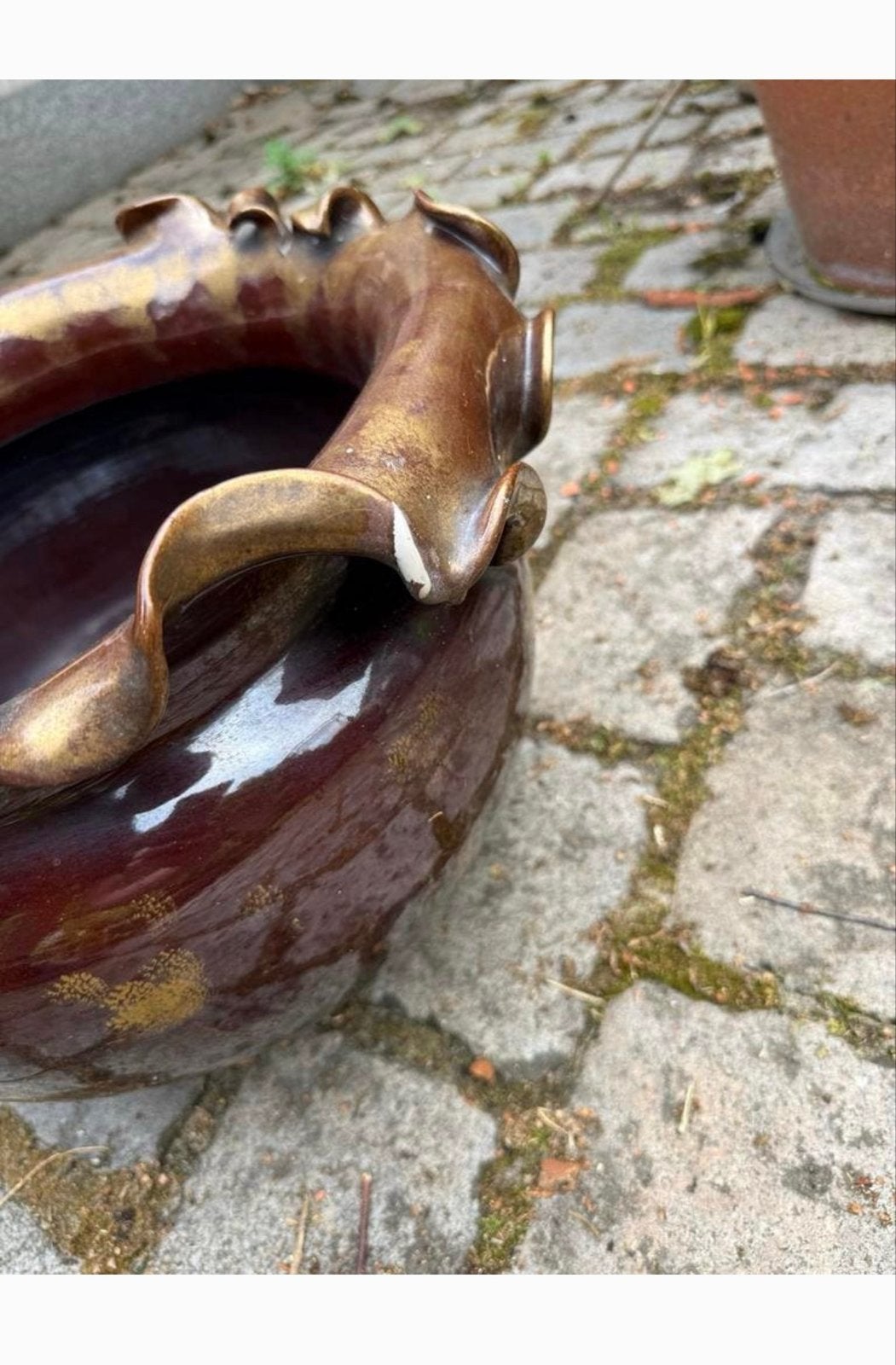 Grote keramische sierpot/jardinière, bronskleurig, Gebruikt, Rond, Binnen, Minder dan 40 cm