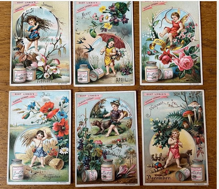 Zes Liebig Vleesextract Kaarten - Jaarreeks met Engeltjes, Ophalen of Verzenden, Voor 1940, Zo goed als nieuw, Overige onderwerpen