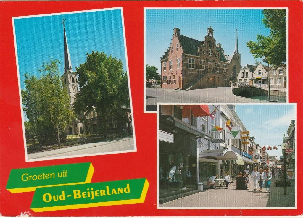 OUD BEIJERLAND Kerk Gemeentehuis Winkels Groeten, Verzamelen, Ansichtkaarten | Nederland, Verzenden, 1980 tot heden, Gelopen, Zuid-Holland