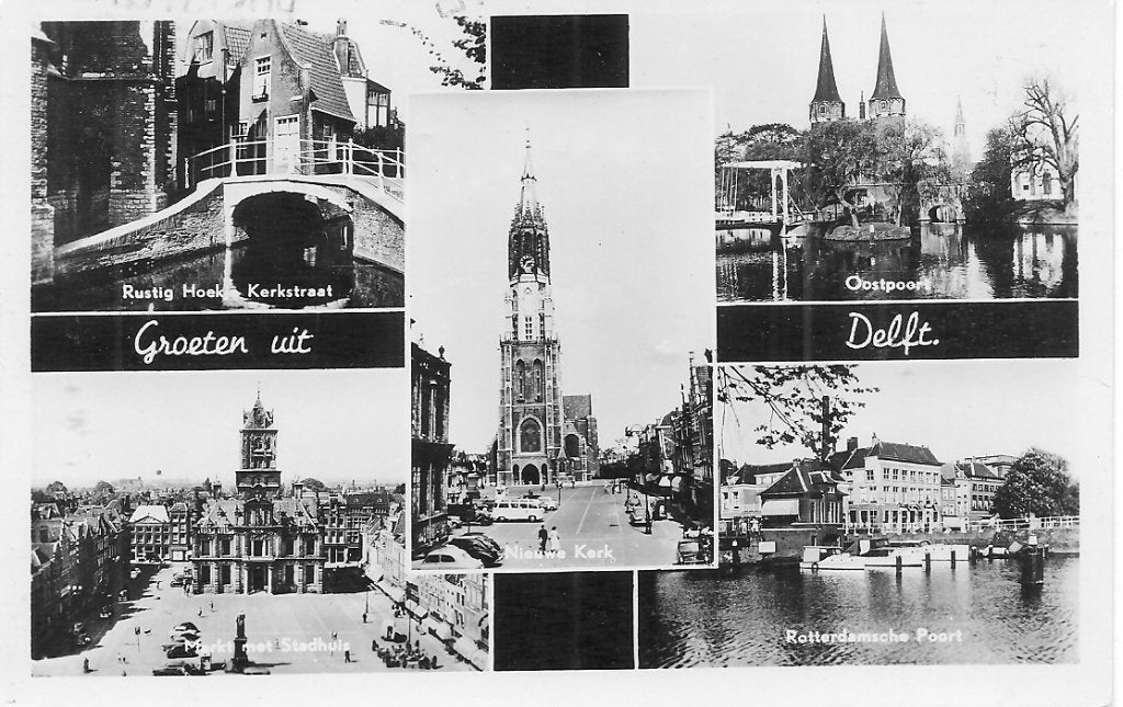 Oude ansichtkaart Delft - Groeten uit Delft 1959, Ophalen of Verzenden, 1940 tot 1960, Gelopen, Zuid-Holland