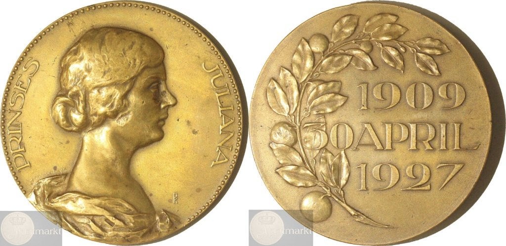 Historiepenning - VPK 1927 'Prinses Juliana 18 jaar', Ophalen of Verzenden, Overige materialen, Nederland