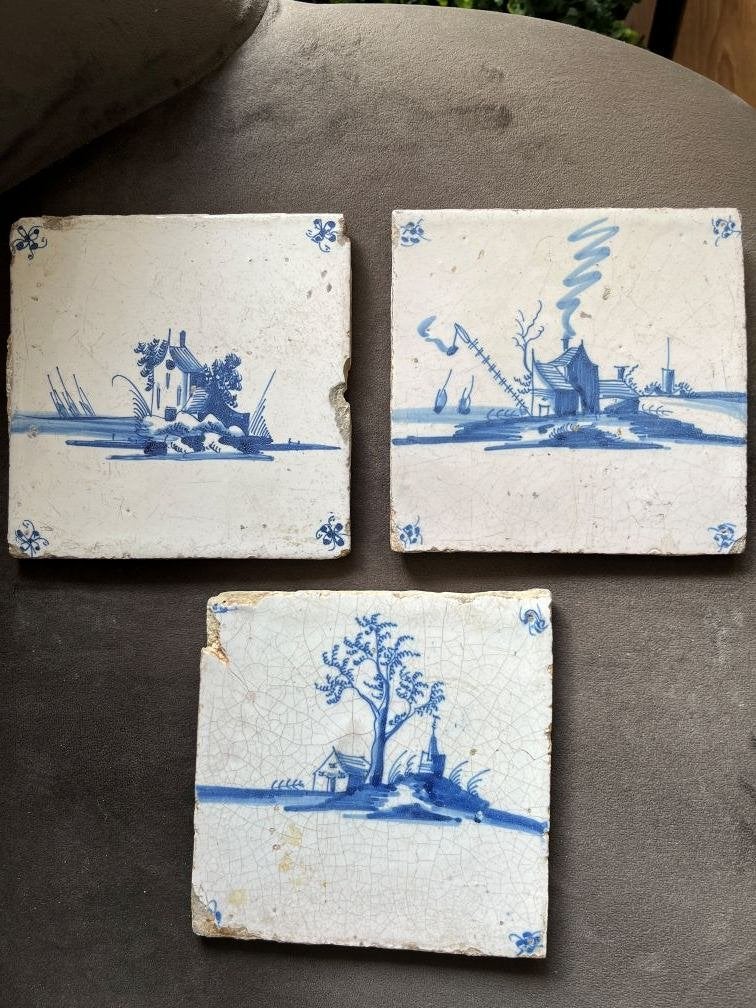 Set van 3 Antieke Delfts Blauwe Tegels met Landschappen, Antiek en Kunst, Ophalen of Verzenden