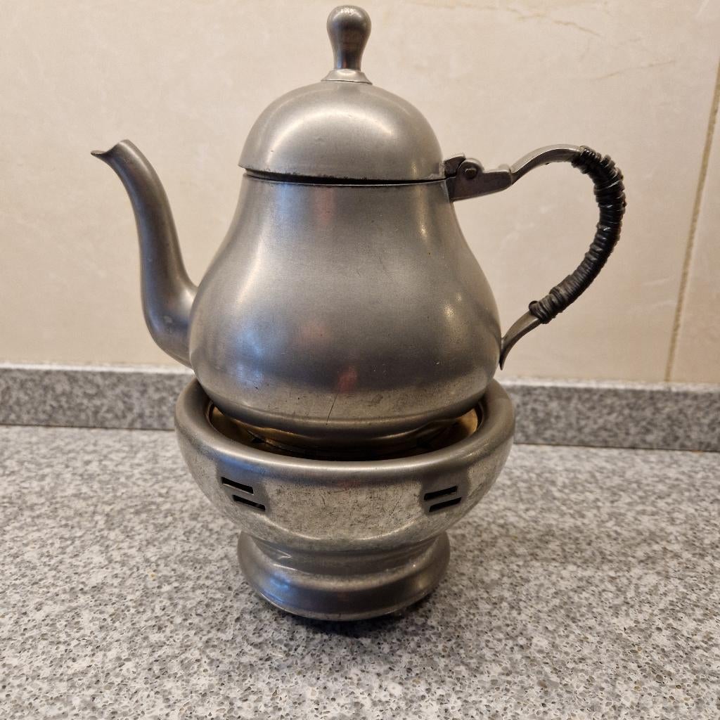 Tinnen theepot met waxine warmhoudplaat, Ophalen of Verzenden