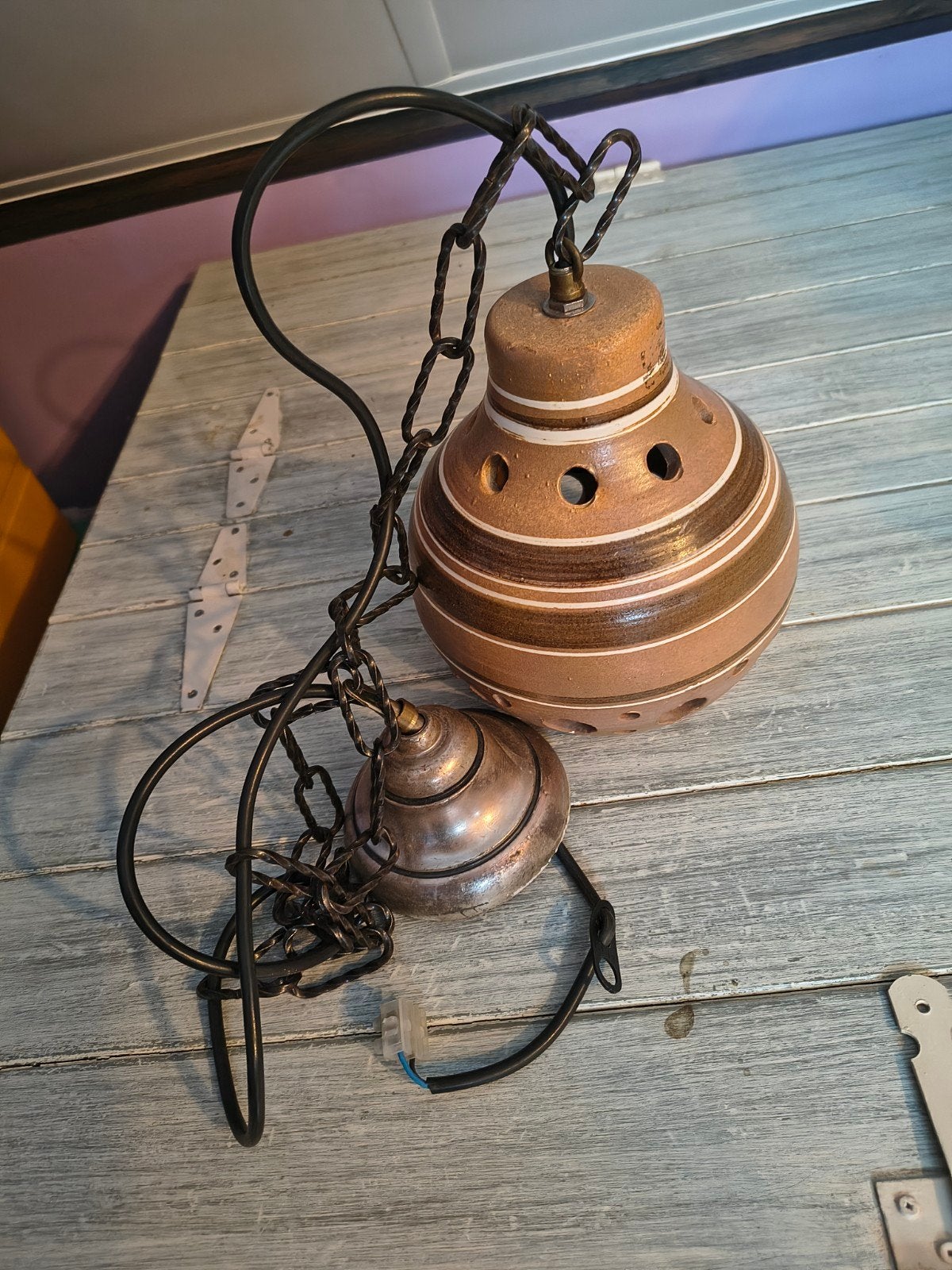 Vintage keramische hanglamp - Bruin met strepen, Gebruikt, Vintage, Retro, Bohemian, Keramiek, E27 (groot)