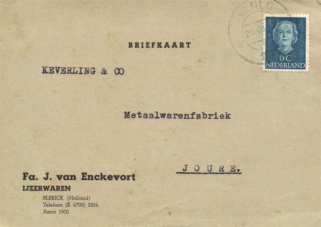 Fa. J. van Enckevort, IJzerwaren, Blerick - 07.1951 - briefk, Ophalen of Verzenden, Briefkaart