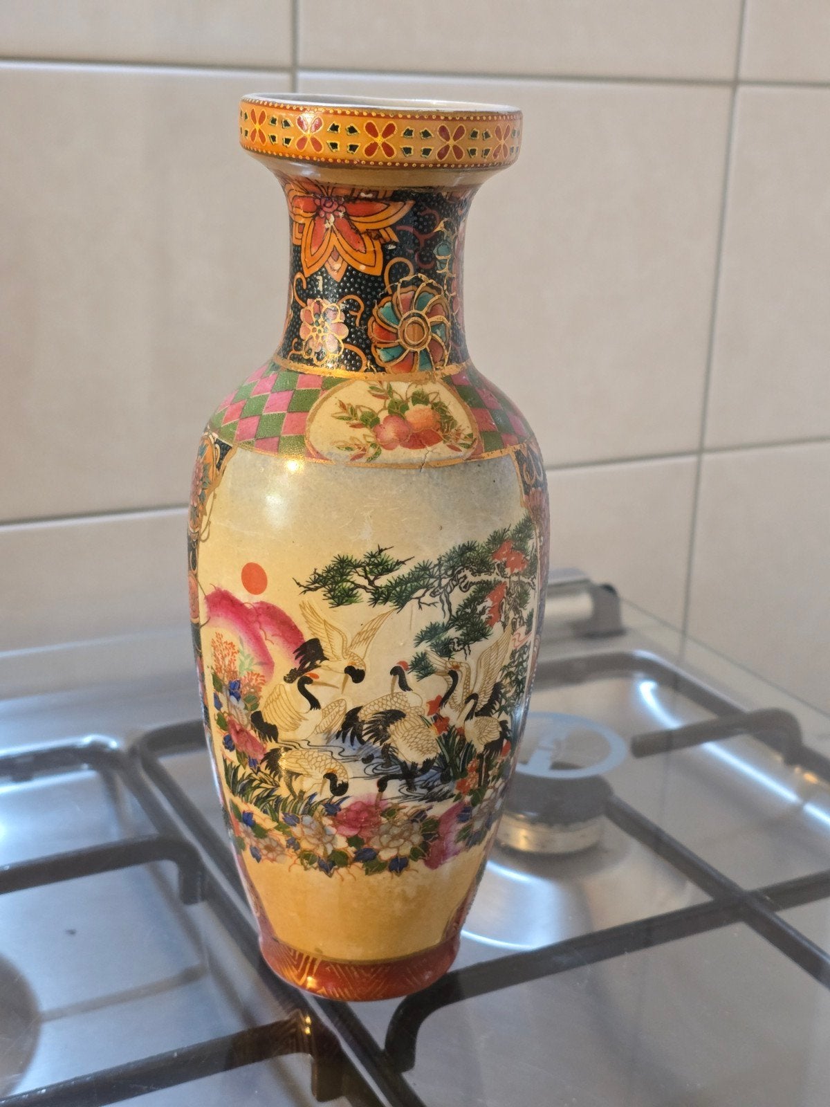Grote vintage Japanse Satsuma vaas – kraanvogels, Antiek en Kunst, Ophalen of Verzenden