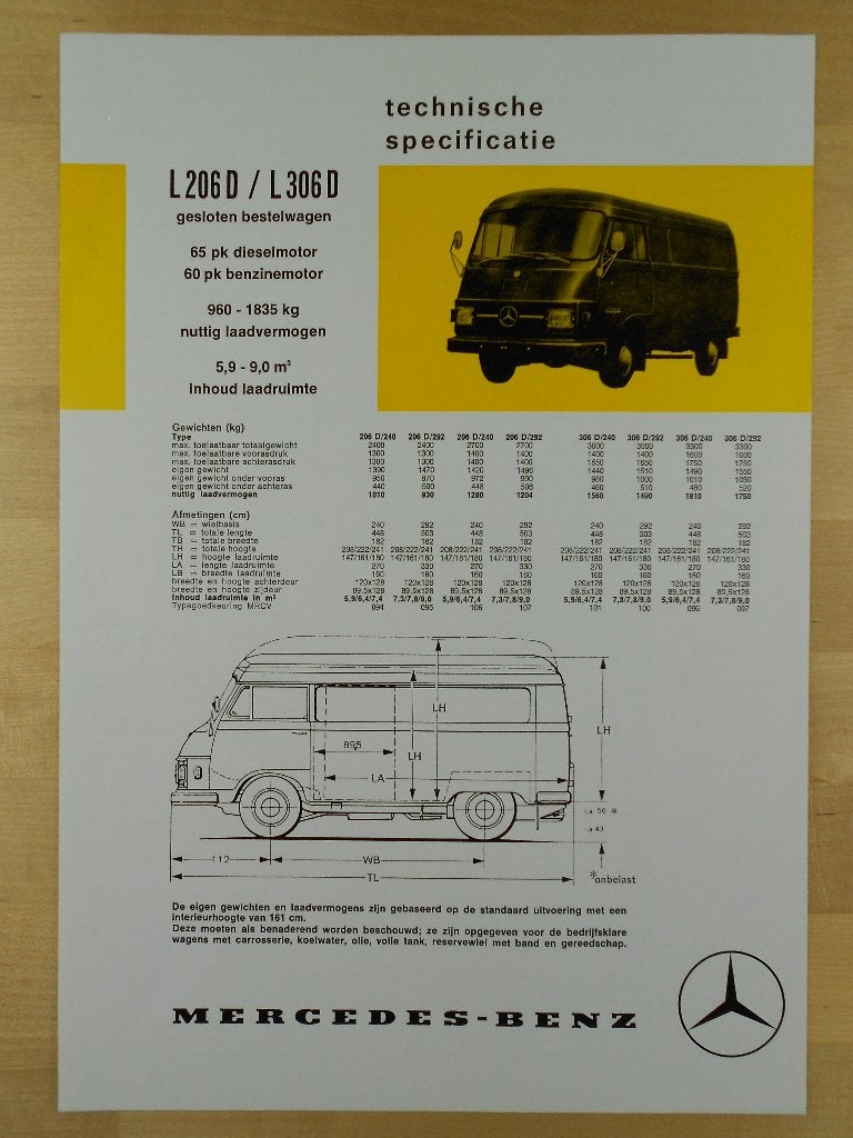 Mercedes 206 306 207 307 Specificatie folder 206D 306D 1972, Zo goed als nieuw, Mercedes-Benz, Mercedes, Ophalen of Verzenden