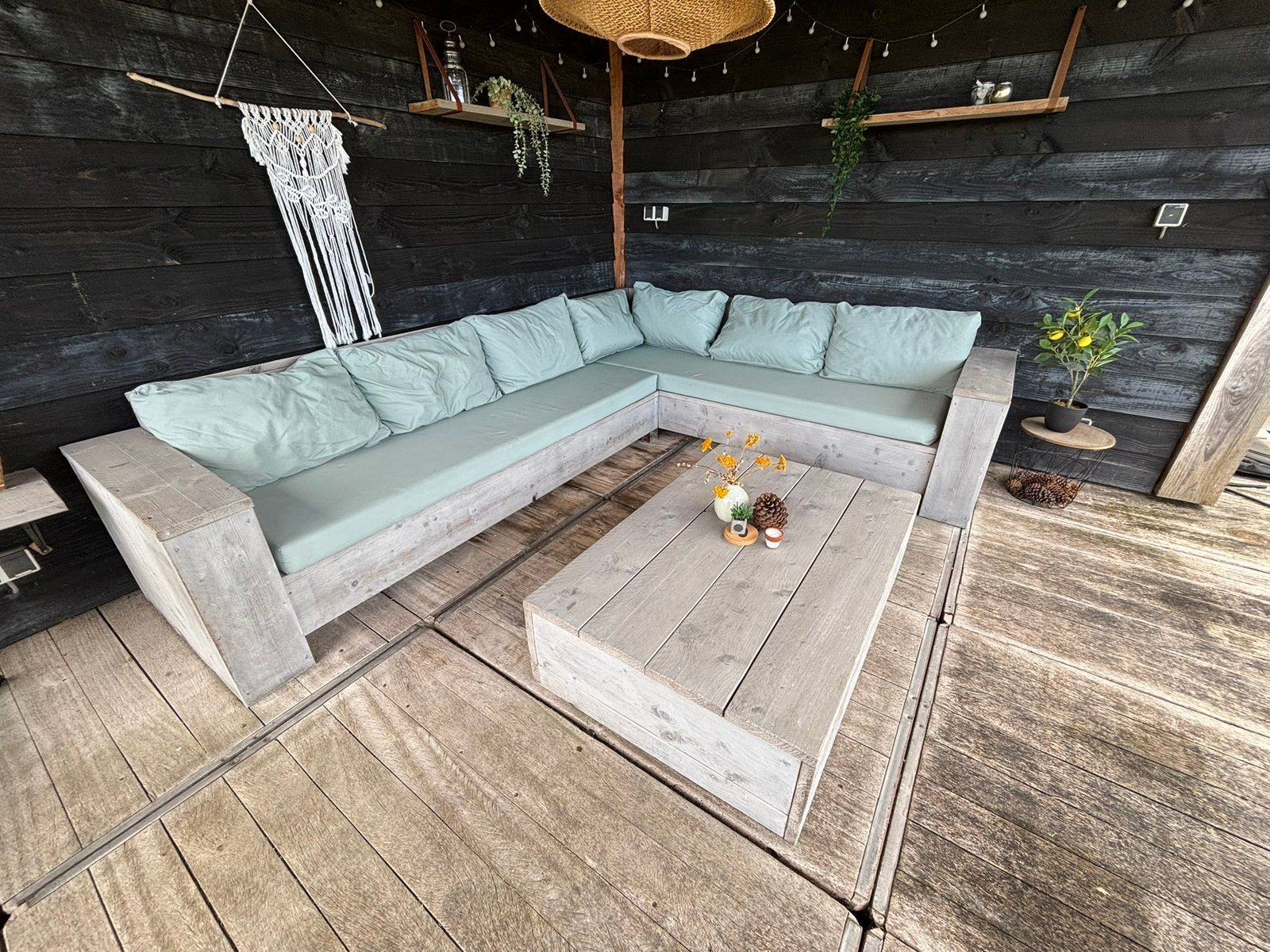 Loungebank, loungeset van steigerhout, Ophalen, Gebruikt, Loungeset, Bijzettafel