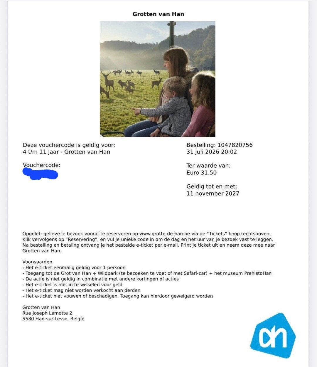 1 ticket Grotten van Han, Tickets en Kaartjes, Eén persoon, Ticket of Toegangskaart