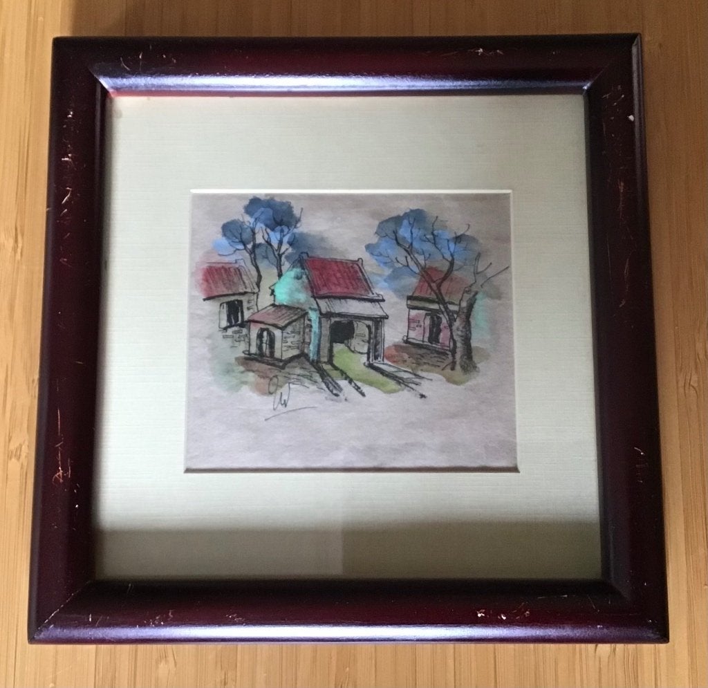 Vietnamese Dorpsgezichten, set van 2 aquarellen in lijstje, Landschap, Aquarel, Papier/karton, Passe-partout
