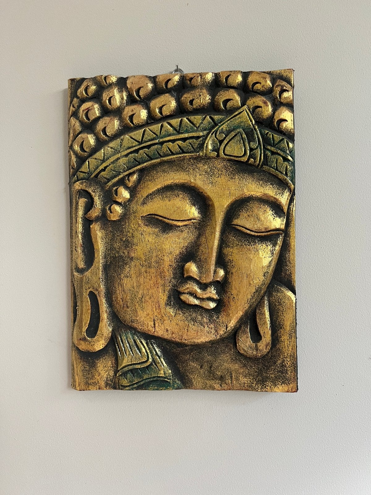 Boeddha wanddecoratie - Gouden reliëf, Huis en Inrichting, Ophalen, Gebruikt, Hout, Goud