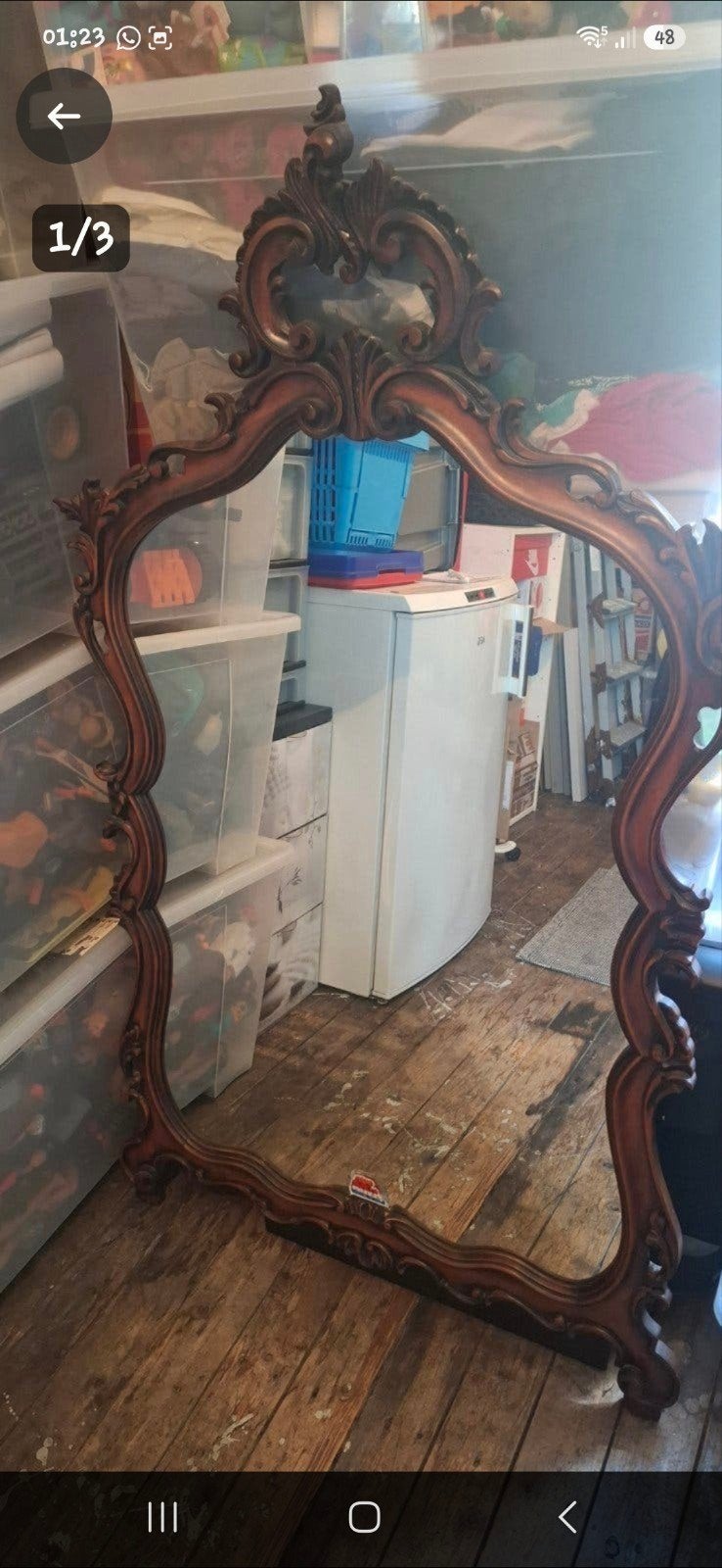 Grote antieke spiegel met sierlijke houten lijst, Ophalen, Overige vormen, 100 tot 150 cm, 150 tot 200 cm